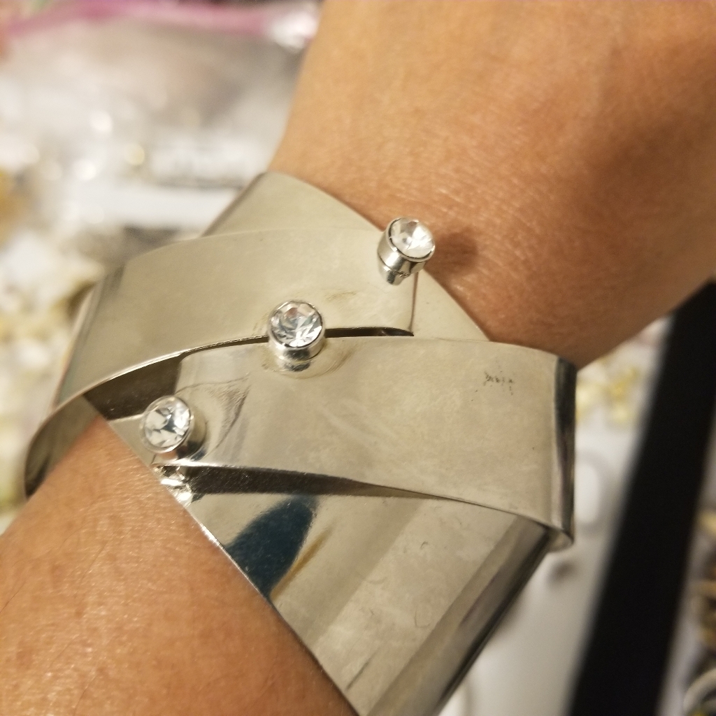 Vintage Silver Statement Cuff Bracelet With Crystal Rivets